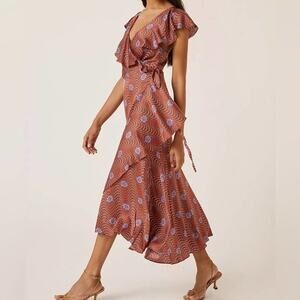 Anthropologie Rust Midi Wrap Dress with Blue Floral Print